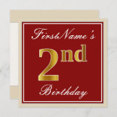 エレガント赤、フェイク金ゴールド2回目の誕生日+名前をカスタムする 招待状 (正面/裏面)