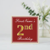 エレガント赤、フェイク金ゴールド2回目の誕生日+名前をカスタムする 招待状 (スタンド正面)