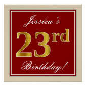 エレガント赤、フェイク金ゴールド23番目の誕生日、名前をカスタムする ポスター (正面)