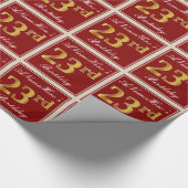 エレガント赤、フェイク金ゴールド23番目の誕生日、名前をカスタムする ラッピングペーパー (角)