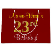エレガント赤、フェイク金ゴールド23番目の誕生日、名前をカスタムする ラージペーパーバッグ (正面)