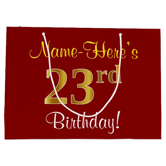 エレガント赤、フェイク金ゴールド23番目の誕生日、名前をカスタムする ラージペーパーバッグ (裏面)