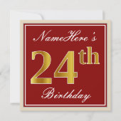 エレガント赤、フェイク金ゴールド24誕生日、名前をカスタムする 招待状 (正面)