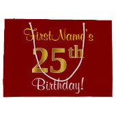 エレガント赤、フェイク金ゴールド25日誕生日、名前をカスタムする ラージペーパーバッグ (裏面)