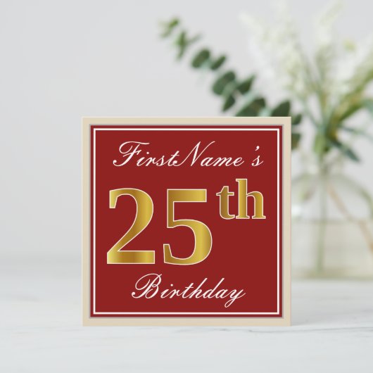 エレガント赤、フェイク金ゴールド25日誕生日、名前をカスタムする 招待状 (スタンド正面)