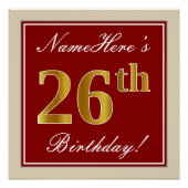 エレガント赤、フェイク金ゴールド26番目の誕生日、名前をカスタムする ポスター (正面)