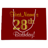 エレガント赤、フェイク金ゴールド28日誕生日、名前をカスタムする ラージペーパーバッグ (正面)