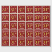 エレガント赤、フェイク金ゴールド31番目の誕生日、名前をカスタムする ラッピングペーパー (フラット)