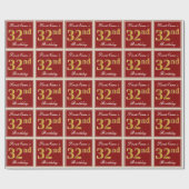 エレガント赤、フェイク金ゴールド32番目の誕生日、名前をカスタムする ラッピングペーパー (フラット)