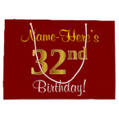 エレガント赤、フェイク金ゴールド32番目の誕生日、名前をカスタムする ラージペーパーバッグ (裏面)