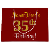 エレガント赤、フェイク金ゴールド35誕生日、名前をカスタムする ラージペーパーバッグ (正面)