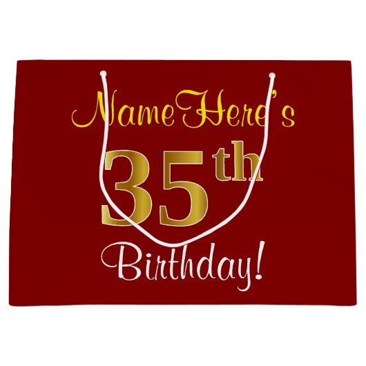 エレガント赤、フェイク金ゴールド35誕生日、名前をカスタムする ラージペーパーバッグ (正面)