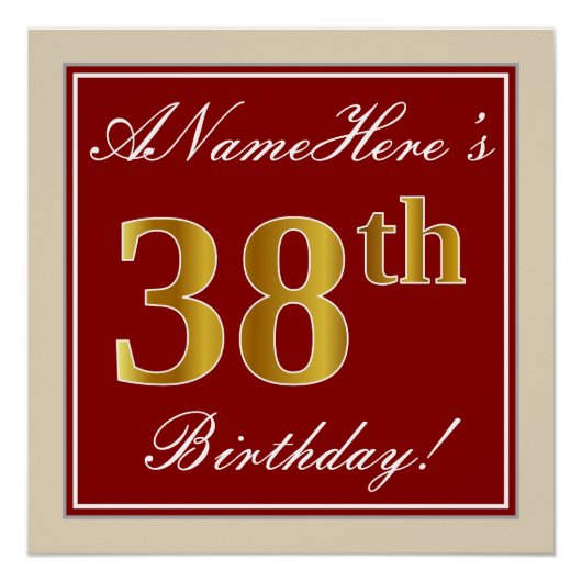 エレガント赤、フェイク金ゴールド38誕生日、名前をカスタムする ポスター (正面)