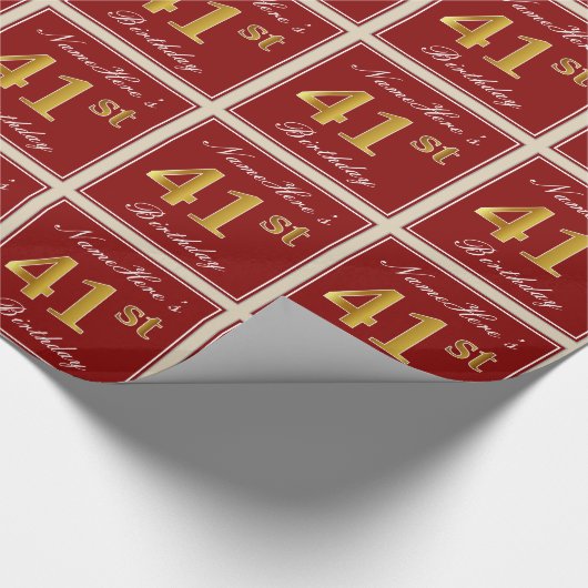 エレガント赤、フェイク金ゴールド41番目の誕生日、名前をカスタムする ラッピングペーパー (角)