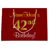 エレガント赤、フェイク金ゴールド42番目の誕生日、名前をカスタムする ラージペーパーバッグ (正面)