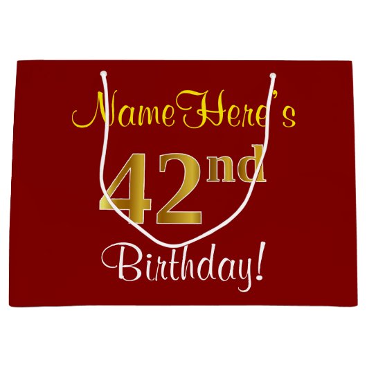 エレガント赤、フェイク金ゴールド42番目の誕生日、名前をカスタムする ラージペーパーバッグ (正面)