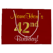 エレガント赤、フェイク金ゴールド42番目の誕生日、名前をカスタムする ラージペーパーバッグ (裏面)