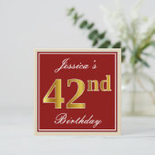 エレガント赤、フェイク金ゴールド42番目の誕生日、名前をカスタムする 招待状 (スタンド正面)