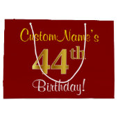 エレガント赤、フェイク金ゴールド44番目の誕生日、名前をカスタムする ラージペーパーバッグ (裏面)