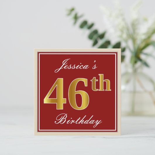 エレガント赤、フェイク金ゴールド46番目の誕生日、名前をカスタムする 招待状 (スタンド正面)