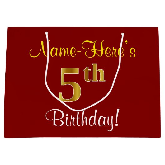 エレガント赤、フェイク金ゴールド5誕生日+名前をカスタムする ラージペーパーバッグ (正面)