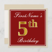 エレガント赤、フェイク金ゴールド5誕生日+名前をカスタムする 招待状 (正面/裏面)
