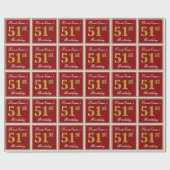 エレガント赤、フェイク金ゴールド51番目の誕生日、名前をカスタムする ラッピングペーパー (フラット)