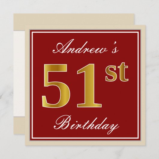 エレガント赤、フェイク金ゴールド51番目の誕生日、名前をカスタムする 招待状 (正面/裏面)