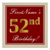 エレガント赤、フェイク金ゴールド52番目の誕生日、名前をカスタムする ポスター (正面)