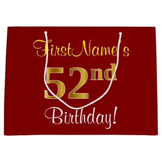 エレガント赤、フェイク金ゴールド52番目の誕生日、名前をカスタムする ラージペーパーバッグ (正面)
