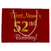 エレガント赤、フェイク金ゴールド52番目の誕生日、名前をカスタムする ラージペーパーバッグ (裏面)