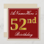 エレガント赤、フェイク金ゴールド52番目の誕生日、名前をカスタムする 招待状 (正面/裏面)