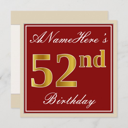 エレガント赤、フェイク金ゴールド52番目の誕生日、名前をカスタムする 招待状 (正面/裏面)