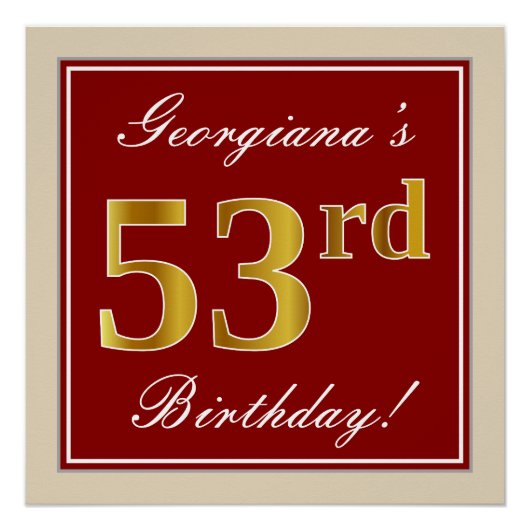 エレガント赤、フェイク金ゴールド53番目の誕生日、名前をカスタムする ポスター (正面)