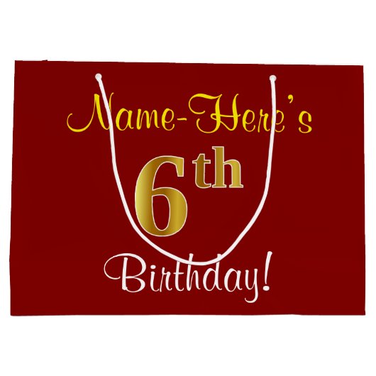 エレガント赤、フェイク金ゴールド6番目の誕生日+名前をカスタムする ラージペーパーバッグ (裏面)