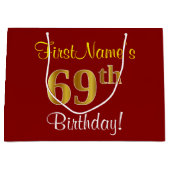 エレガント赤、フェイク金ゴールド69誕生日、名前をカスタムする ラージペーパーバッグ (正面)