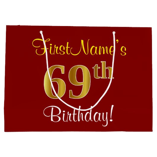 エレガント赤、フェイク金ゴールド69誕生日、名前をカスタムする ラージペーパーバッグ (裏面)