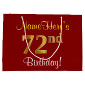 エレガント赤、フェイク金ゴールド72番目の誕生日、名前をカスタムする ラージペーパーバッグ (裏面)