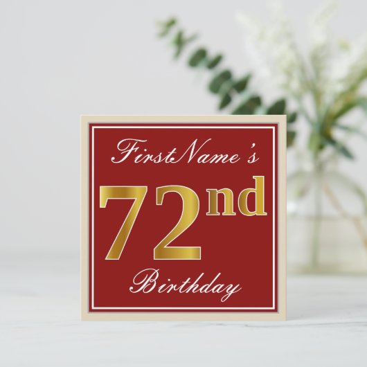 エレガント赤、フェイク金ゴールド72番目の誕生日、名前をカスタムする 招待状 (スタンド正面)