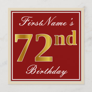 エレガント赤、フェイク金ゴールド72番目の誕生日、名前をカスタムする 招待状