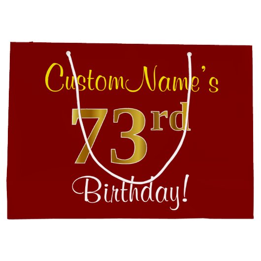 エレガント赤、フェイク金ゴールド73番目の誕生日、名前をカスタムする ラージペーパーバッグ (裏面)