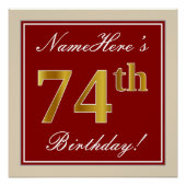 エレガント赤、フェイク金ゴールド74番目の誕生日、名前をカスタムする ポスター (正面)