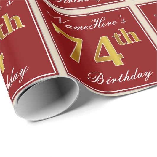 エレガント赤、フェイク金ゴールド74番目の誕生日、名前をカスタムする ラッピングペーパー (ロールコーナー)