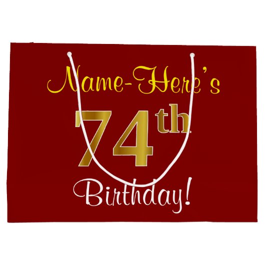 エレガント赤、フェイク金ゴールド74番目の誕生日、名前をカスタムする ラージペーパーバッグ (裏面)