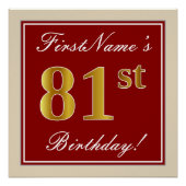 エレガント赤、フェイク金ゴールド81番目の誕生日、名前をカスタムする ポスター (正面)