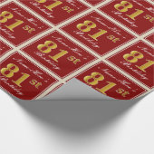 エレガント赤、フェイク金ゴールド81番目の誕生日、名前をカスタムする ラッピングペーパー (角)