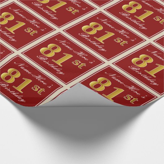 エレガント赤、フェイク金ゴールド81番目の誕生日、名前をカスタムする ラッピングペーパー (角)