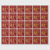 エレガント赤、フェイク金ゴールド81番目の誕生日、名前をカスタムする ラッピングペーパー (フラット)