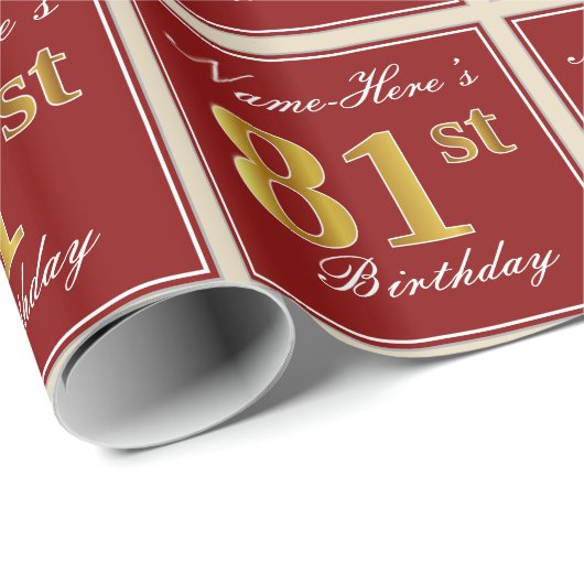 エレガント赤、フェイク金ゴールド81番目の誕生日、名前をカスタムする ラッピングペーパー (ロールコーナー)