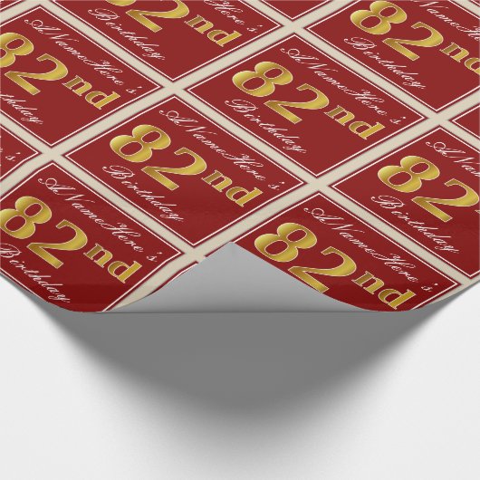 エレガント赤、フェイク金ゴールド82番目の誕生日、名前をカスタムする ラッピングペーパー (角)